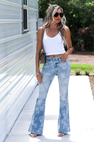 (Preorder Ships 10 Days) KANCAN Shelby Low/Mid Rise Floral Flare Jeans - Simply Me Boutique