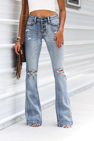 (PREORDER SHIPS 10 DAYS) PETRA153 Danielle Button Fly Mid Rise Flare Jeans - Simply Me Boutique