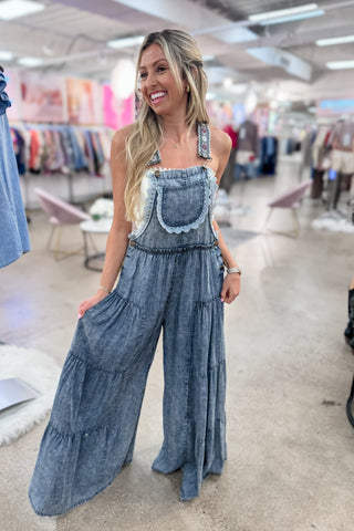 PREORDER (Ships March) - Free Spirit Lace Trim Denim Overalls Jumpsuit - Simply Me Boutique