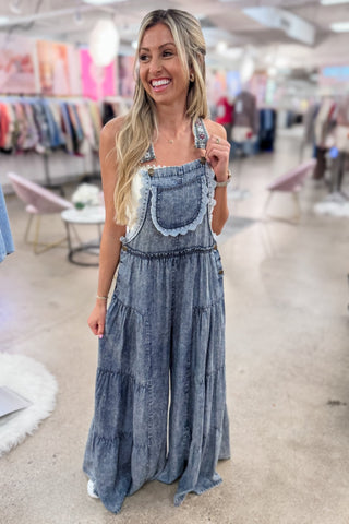 PREORDER (Ships March) - Free Spirit Lace Trim Denim Overalls Jumpsuit - Simply Me Boutique