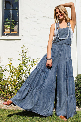 PREORDER (Ships March) - Free Spirit Lace Trim Denim Overalls Jumpsuit - Simply Me Boutique