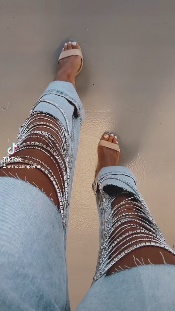 Rhinestone No Stretch Front Open Panel High Rise Distressed Jeans