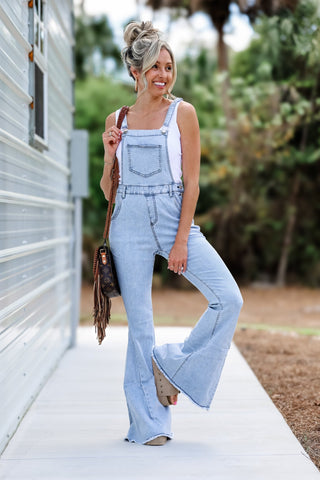 Reba Slim Fit Flared Denim Overalls (Light Wash) - Simply Me Boutique