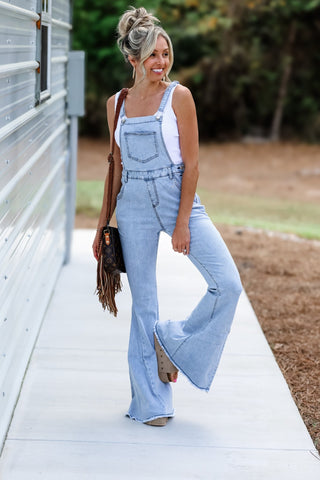 Reba Slim Fit Flared Denim Overalls (Light Wash) - Simply Me Boutique