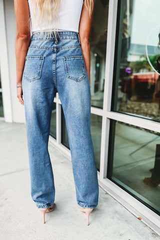 Rhinestone No Stretch Front Open Panel High Rise Distressed Jeans - Simply Me Boutique