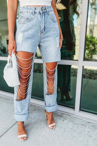 Rhinestone No Stretch Front Open Panel High Rise Distressed Jeans - Simply Me Boutique