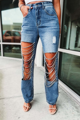 Rhinestone No Stretch Front Open Panel High Rise Distressed Jeans - Simply Me Boutique