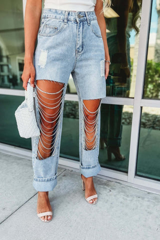Rhinestone No Stretch Front Open Panel High Rise Distressed Jeans - Simply Me Boutique