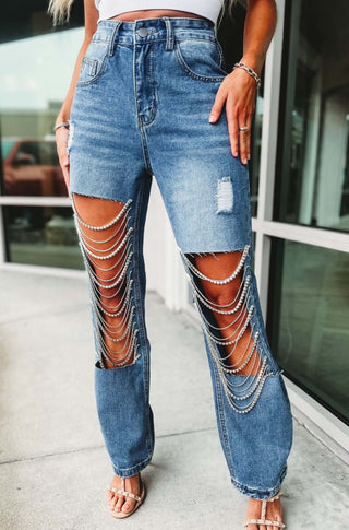 Rhinestone No Stretch Front Open Panel High Rise Distressed Jeans - Simply Me Boutique