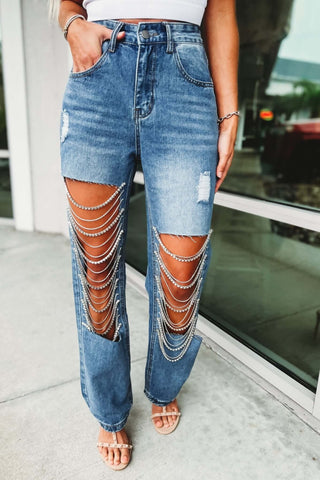 Rhinestone No Stretch Front Open Panel High Rise Distressed Jeans - Simply Me Boutique