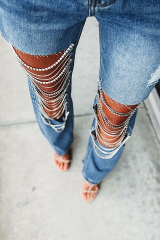 Rhinestone No Stretch Front Open Panel High Rise Distressed Jeans - Simply Me Boutique