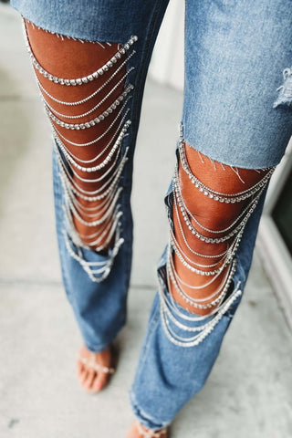 Rhinestone No Stretch Front Open Panel High Rise Distressed Jeans - Simply Me Boutique