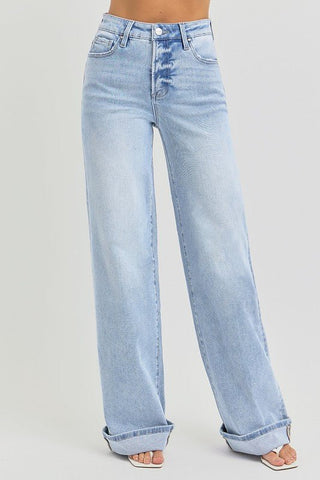 RISEN Ivy High Rise Tummy Control Wide Leg Cuffed Jeans 2 Colors! - Simply Me Boutique