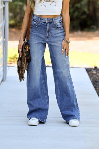 RISEN Kinsley High Rise Studded Wide Leg Jeans - Simply Me Boutique