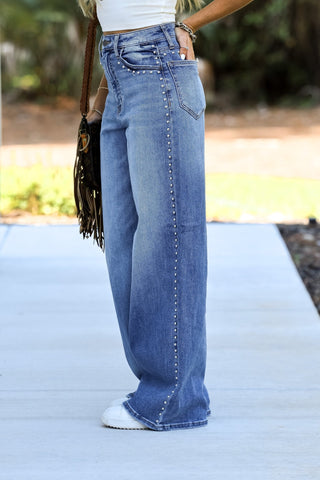 RISEN Kinsley High Rise Studded Wide Leg Jeans - Simply Me Boutique