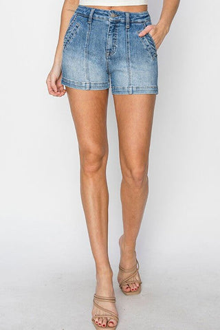 RISEN Riley Front Seam Detail Denim Shorts - Simply Me Boutique