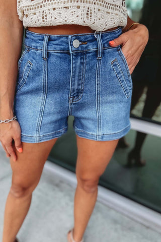 RISEN Riley Front Seam Detail Denim Shorts - Simply Me Boutique