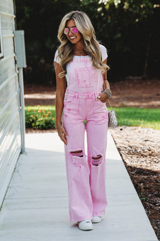 RISEN Trisha Wide Leg Acid Wash Pink Overalls - Simply Me Boutique