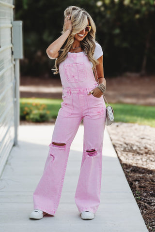 RISEN Trisha Wide Leg Acid Wash Pink Overalls - Simply Me Boutique