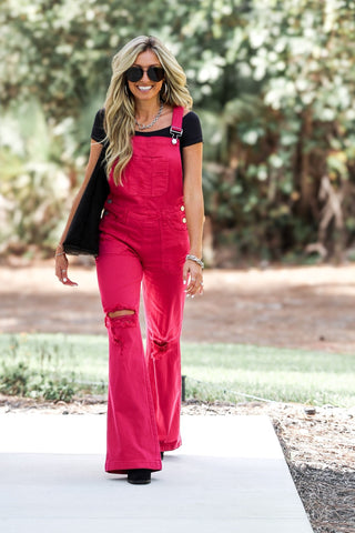RISEN Trisha Wide Leg Fuchsia Overalls - Simply Me Boutique