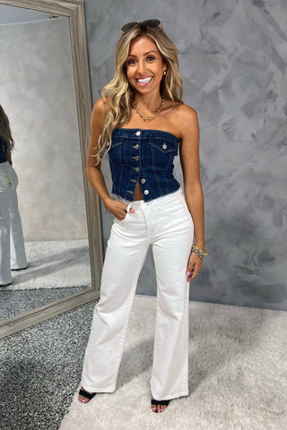 RISEN Violet High Rise Tummy Control Wide Leg White Jeans - Simply Me Boutique