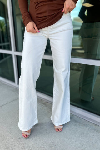 RISEN Violet High Rise Tummy Control Wide Leg White Jeans - Simply Me Boutique