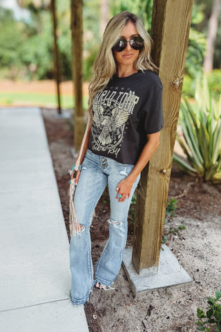 Rock N Roll World Tour Raw Hem Cropped Graphic Tee (Black) - Simply Me Boutique