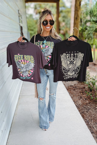 Rock N Roll World Tour Raw Hem Cropped Graphic Tee (Black) - Simply Me Boutique