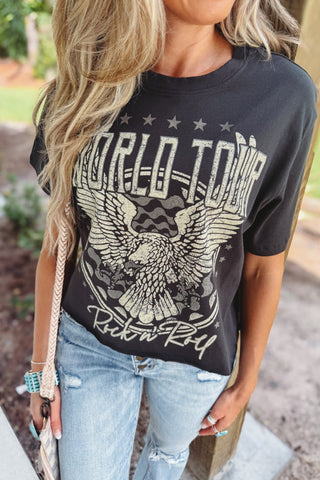 Rock N Roll World Tour Raw Hem Cropped Graphic Tee (Black) - Simply Me Boutique