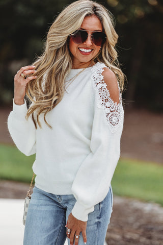 Romantic Vibes Cold Shoulder Lace Ivory Sweater - Simply Me Boutique