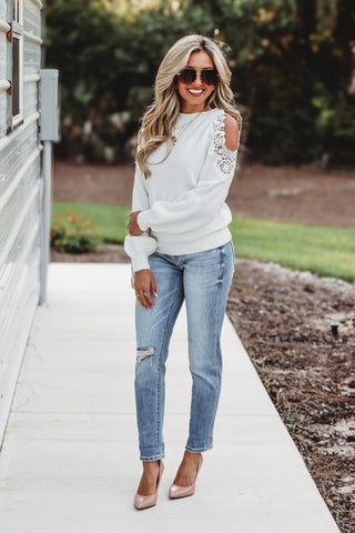 Romantic Vibes Cold Shoulder Lace Ivory Sweater - Simply Me Boutique