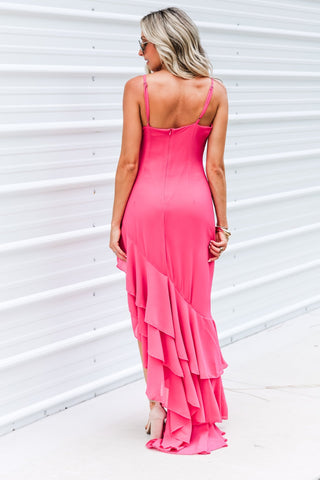 Rosy Glow Asymmetric Hem Ruffle Maxi Dress - Simply Me Boutique