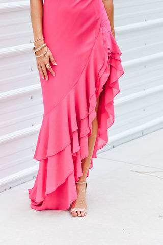 Rosy Glow Asymmetric Hem Ruffle Maxi Dress - Simply Me Boutique