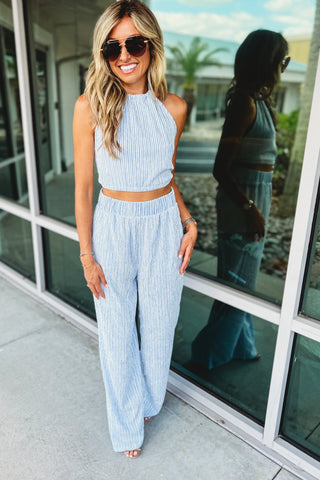 Set the Vibe Blue Pinstripe Halterneck Pants Set - Simply Me Boutique
