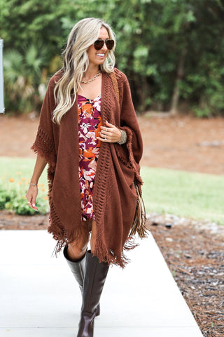 (SHIPS 11/21) The Callie Rust Frayed Knit Wrap Kimono - Simply Me Boutique