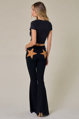 (SHIPS 5/15) Lonestar Black Flare Jeans with Tan Star Suede Detail - Simply Me Boutique