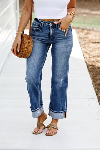 (SHIPS 5/6) Flying Monkey Stormie High Rise Slim Wide Leg Cuffed Jeans - Simply Me Boutique