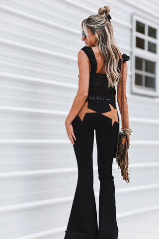 (SHIPS 6/1) Lonestar Black Flare Jeans with Tan Star Suede Detail - Simply Me Boutique