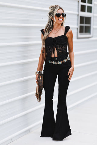 (SHIPS 6/1) Lonestar Black Flare Jeans with Tan Star Suede Detail - Simply Me Boutique