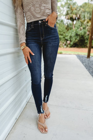 (SHIPS 9/23) Kancan Anya Mid High Rise Super Skinny Jeans Dark Wash - Simply Me Boutique