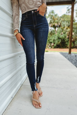 (SHIPS 9/23) Kancan Anya Mid High Rise Super Skinny Jeans Dark Wash - Simply Me Boutique