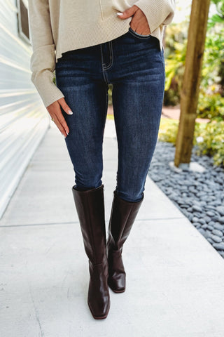(SHIPS 9/23) Kancan Anya Mid High Rise Super Skinny Jeans Dark Wash - Simply Me Boutique