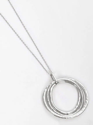 SILVER Hammered Metal Tri Circle Pendant Long Necklace - Simply Me Boutique