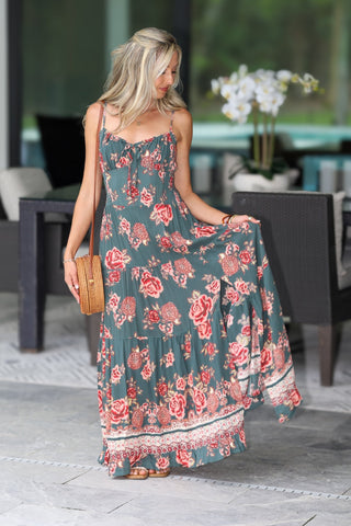 Simply Stunning Dark Olive Floral Maxi Dress - Simply Me Boutique