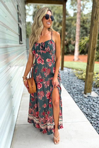 Simply Stunning Dark Olive Floral Maxi Dress - Simply Me Boutique
