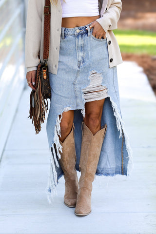 Size S - Harper High Rise Ripped Rigid Cotton Denim Skirt - Simply Me Boutique