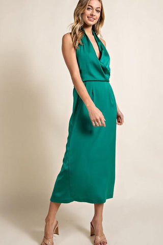 Size S, M & L - Open Back Halter Green Satin Dress - Simply Me Boutique