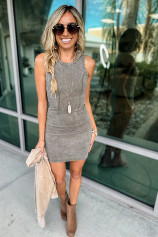 Sleek Moves Olive Mineral Washed Ribbed Tank Dress - Simply Me Boutique