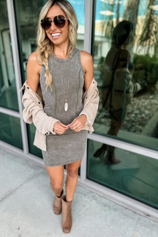 Sleek Moves Olive Mineral Washed Ribbed Tank Dress - Simply Me Boutique