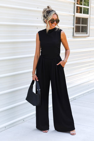 Sleek Society Black High Neck Ribbed Jumpsuit - Simply Me Boutique